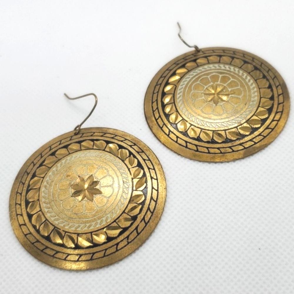 Embossed Brass Oversized Disc Earrings